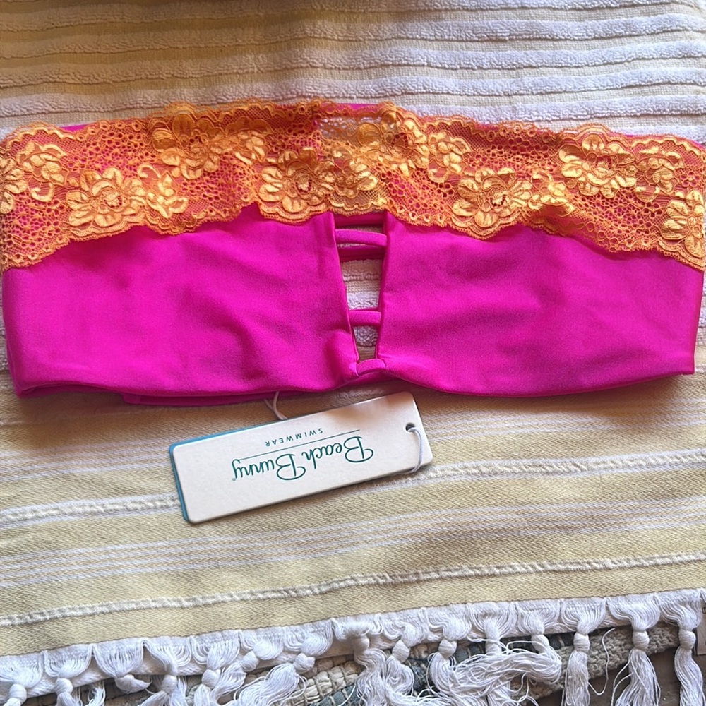 NWY BEACH BUNNY lady lace Fuchsia and orange Lace Bandeau tube top XL - Picture 4 of 7